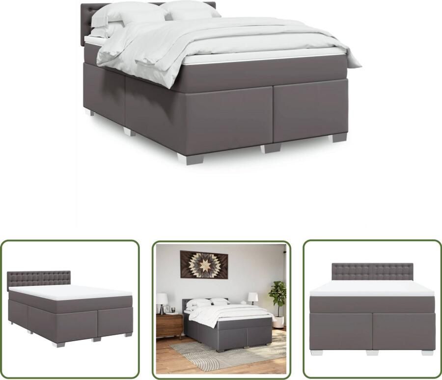 VidaXL Boxspring Bed Boxspring met matras kunstleer grijs 140x200 cm Boxspring Kopen Slaapkamerinrichting Kunstleder Bed
