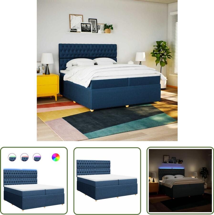 VidaXL Boxspring met matras stof blauw 200x200 cm Boxspring Bed Tweepersoons Bed Led Verlichting Elektrisch Hoofdbord
