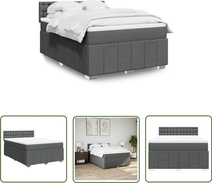 VidaXL Boxspring Bed Boxspring met matras stof donkergrijs 140x200 cm Donkere Grijze Boxspring Matras Pocketveringmatras