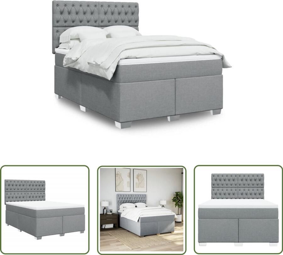 VidaXL Boxspring met matras stof lichtgrijs 140x190 cm Boxspring Bed Matras Topmatras Slaapkamer