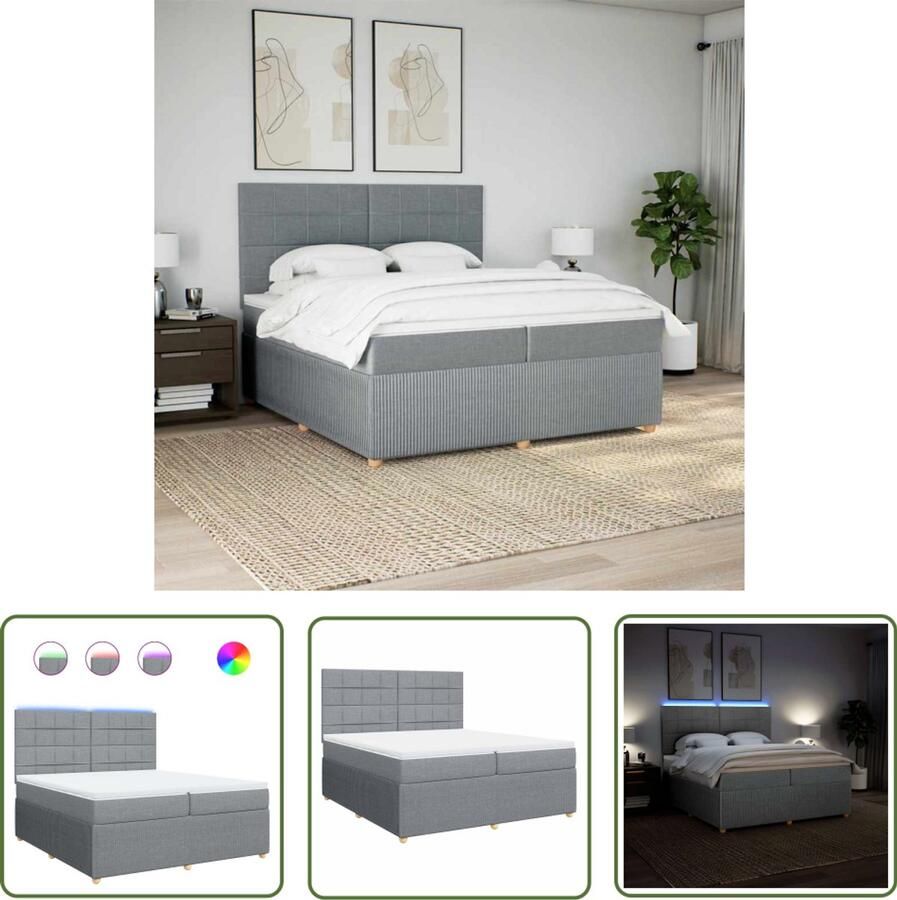 VidaXL Boxspring Bed Boxspring met matras stof lichtgrijs 200x200 cm Tweepersoons Bed Ligcomfort Led Verlichting