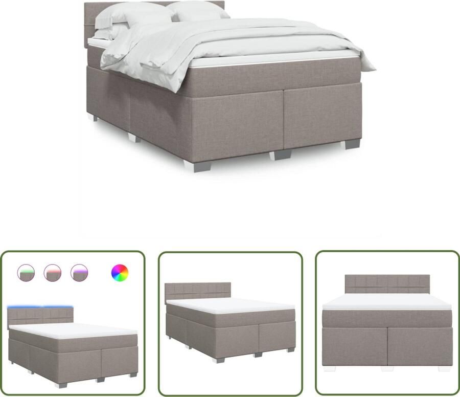VidaXL Boxspring Bed Boxspring met matras stof taupe 140x200 cm Led Verlichting Pocketveringmatras Taupe