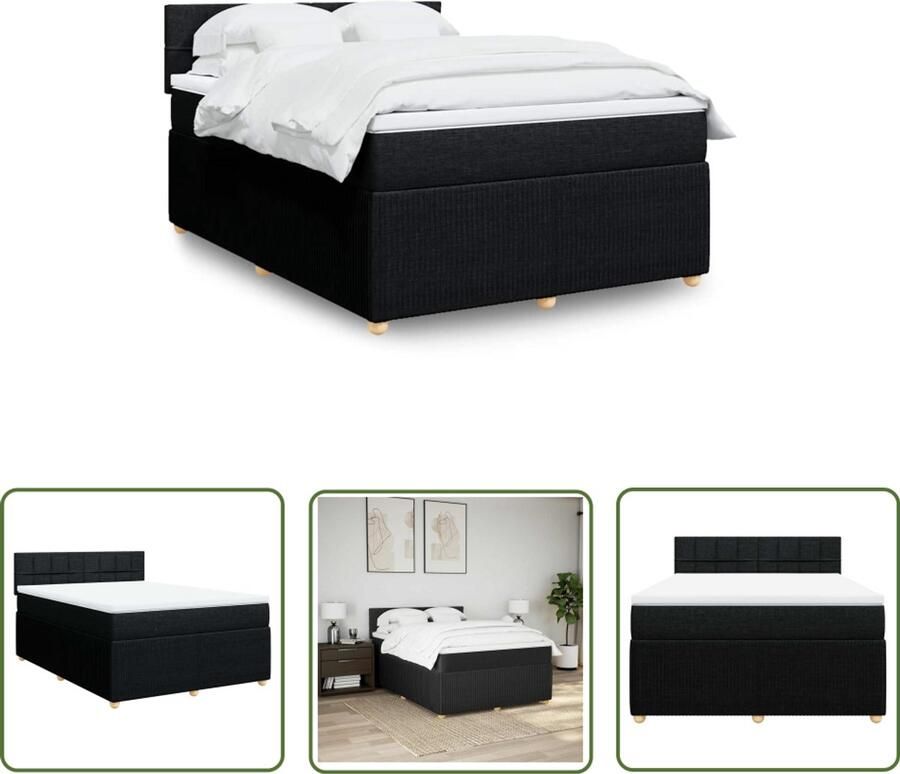 VidaXL Boxspring Bed Boxspring met matras stof zwart 140x200 cm Tweepersoonsbed Matras Pocketveringmatras