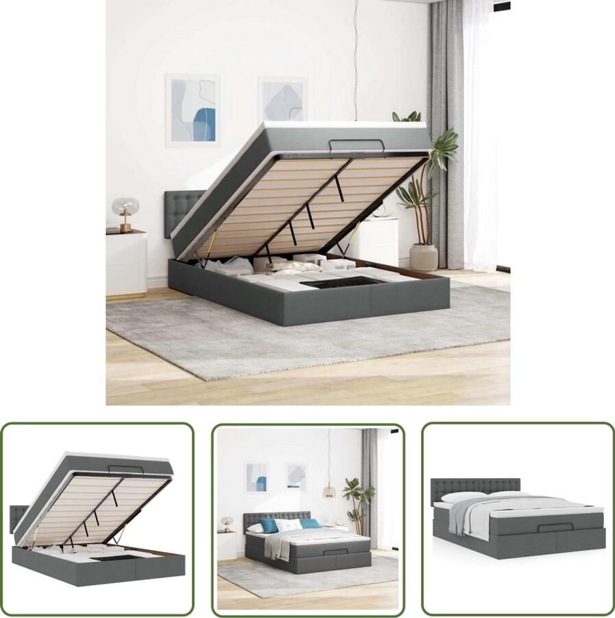 VidaXL Boxspring Bed Frame Bed met matras 140x200 cm stof donkergrijs Tweepersoonsbed Donkere Kleuren Opbergruimte