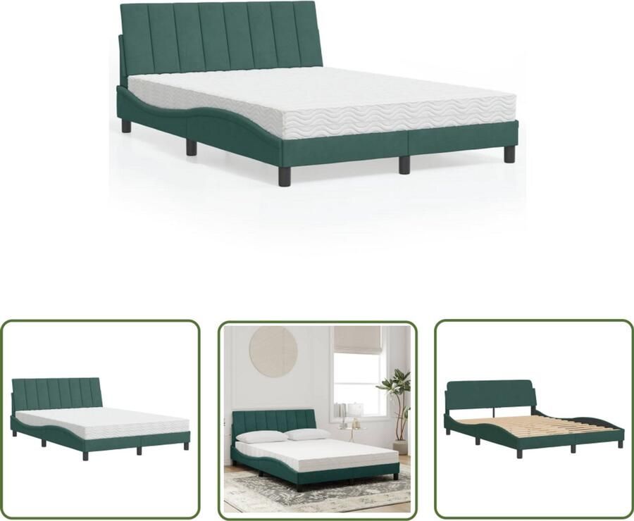 VidaXL Boxspring Bed Frame Bed met matras Hanko fluweel donkergroen 140x200 cm Tweepersoonsbed Donkere Kleuren Fluweel
