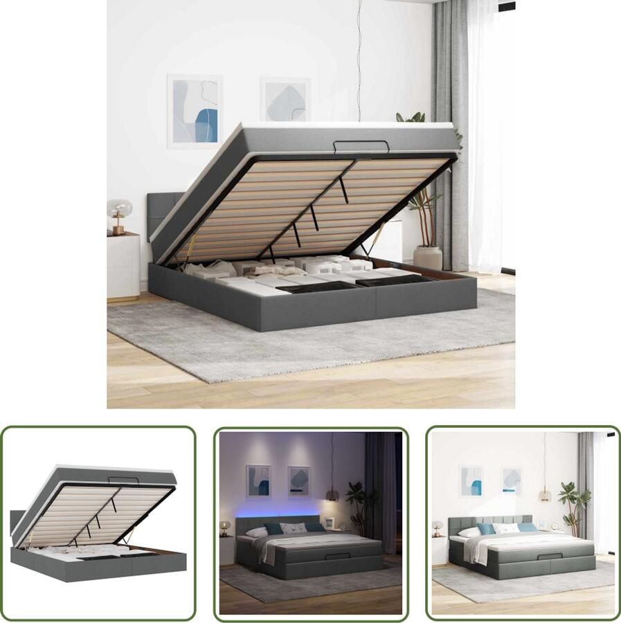 VidaXL Bed poef met matras en LED's 180x200 cm stof donkergrijs Bed Frame Boxspring Ottoman Bed Led Lamp Opbergruimte
