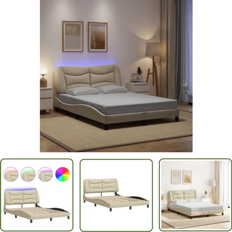 VidaXL Boxspring Bed Frame Bedframe met LED zonder matras Hvar 140x200 cm stof crème Led Lamp Creme Kleurig Tweepersoons Bed