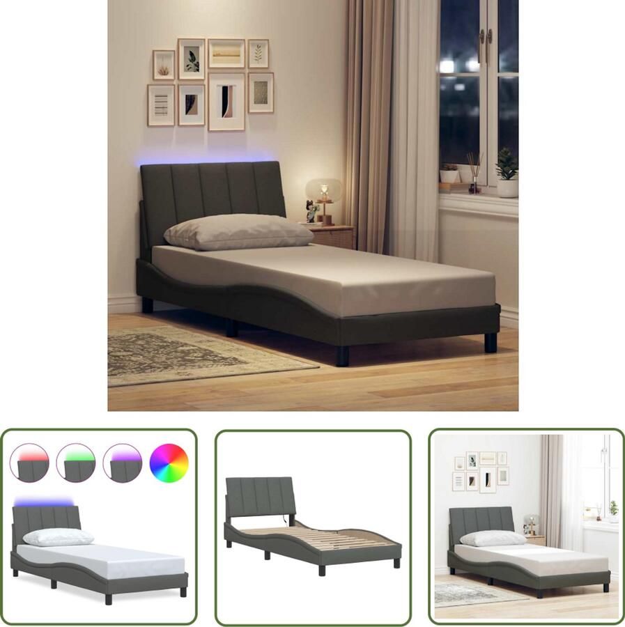 VidaXL Bedframe zonder matras Hanko 90x200 cm stof donkergrijs Bed Frame Boxspring Tweepersoonsbed Slaapcomfort Led Lamp