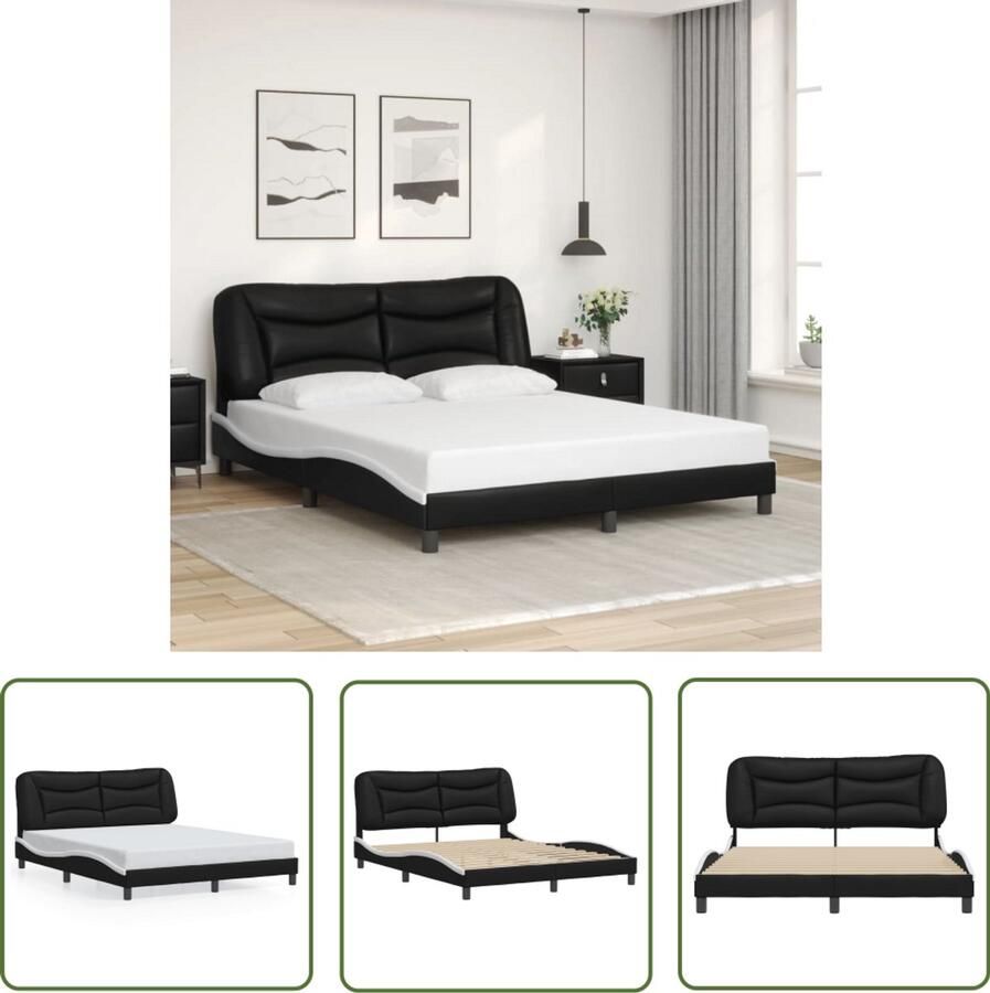 VidaXL Boxspring Bed Frame Bedframe zonder matras Hvar kunstleer zwart en wit 160x200 cm Hoofdbord Kunstleder Bed Zwarte Bed