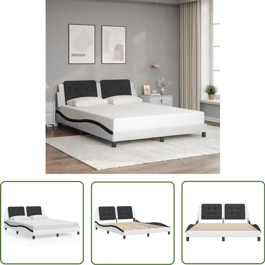 VidaXL Bedframe zonder matras Zadar kunstleer zwart en wit 160x200 cm Bed Frame Boxspring Tweepersoonsbed Modern Bed Zwarte Bed