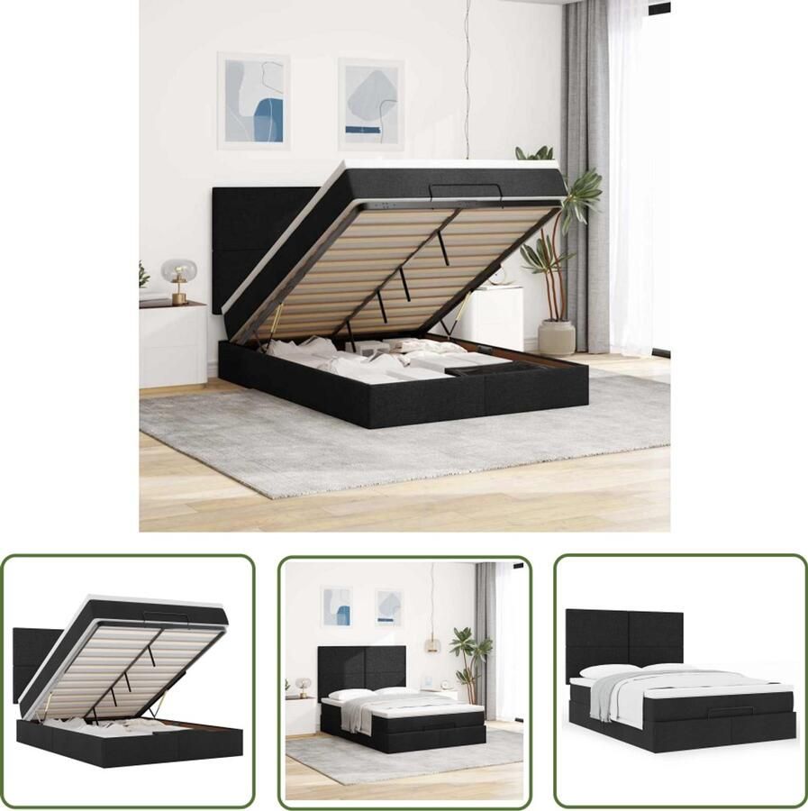 The Living Store Ottoman bed met matras 140x200cm stof zwart Ottoman Bed Boxspring Bed Tweepersoons Bed Slaapcomfort Pocketveringmatras
