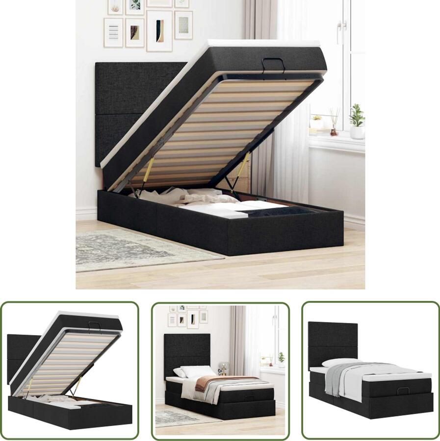 The Living Store Ottoman bed met matras 80x200cm stof zwart Ottoman Bed Boxspring Bed Tweepersoons Bed Stapelbaar Bed Slaapcomfort