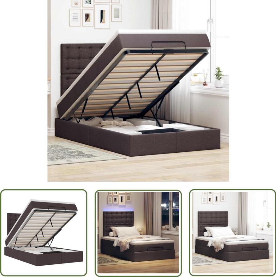 VidaXL Boxspring Bed Ottoman Bed Ottoman bed met matras en LED's 120x190 cm stof donkerbruin Tweepersoonsbed Led Lampen Opbergruimte Bed