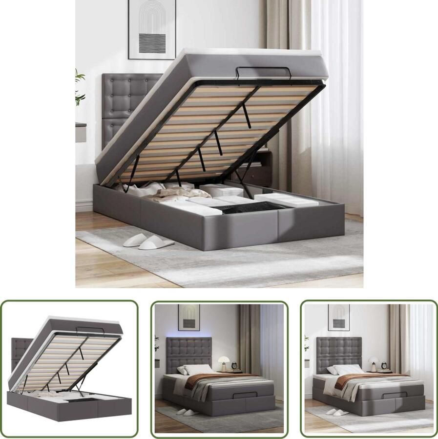 VidaXL Ottoman bed met matras en LED's 120x200cm kunstleer grijs Ottoman Bed Boxspring Bed Slaapbankbed Led Bed Elektrisch Bed