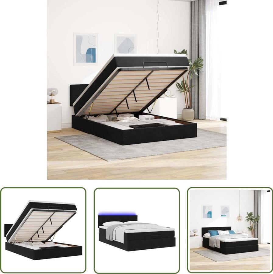VidaXL Boxspring Bed Ottoman Bed Ottoman bed met matras en LED's 140x190cm fluweel zwart Tweepersoonsbed Slaapcomfort Led Verlichting