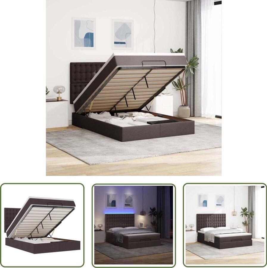 VidaXL Boxspring Bed Ottoman Bed Ottoman bed met matras en LED's 140x200cm stof donkerbruin Slaapcomfort Led Lampjes Opbergbed