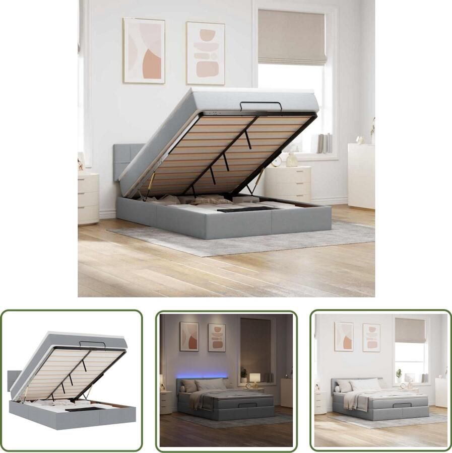 VidaXL Boxspring Bed Ottoman Bed Ottoman bed met matras en LED's 140x200cm stof lichtgrijs Led Lampen Slaapcomfort Opbergbed