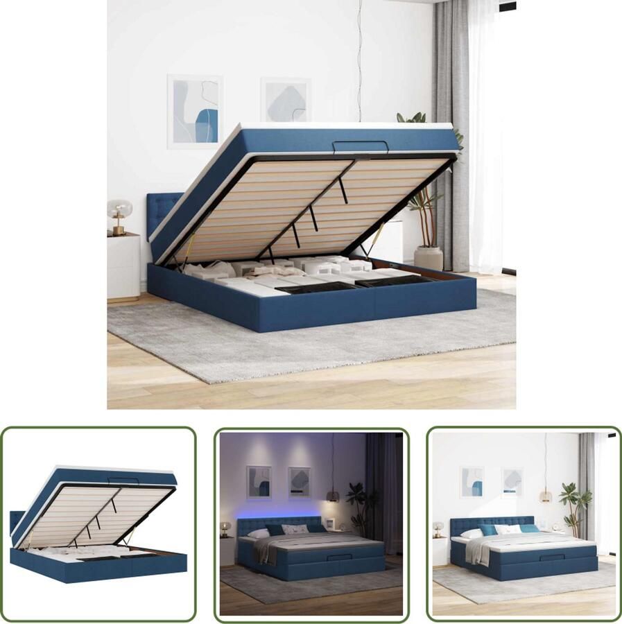 VidaXL Ottoman bed met matras en LED's 160x200cm stof blauw Ottoman Bed Boxspring Bed Slaapcomfort Led Verlichting Opbergbed
