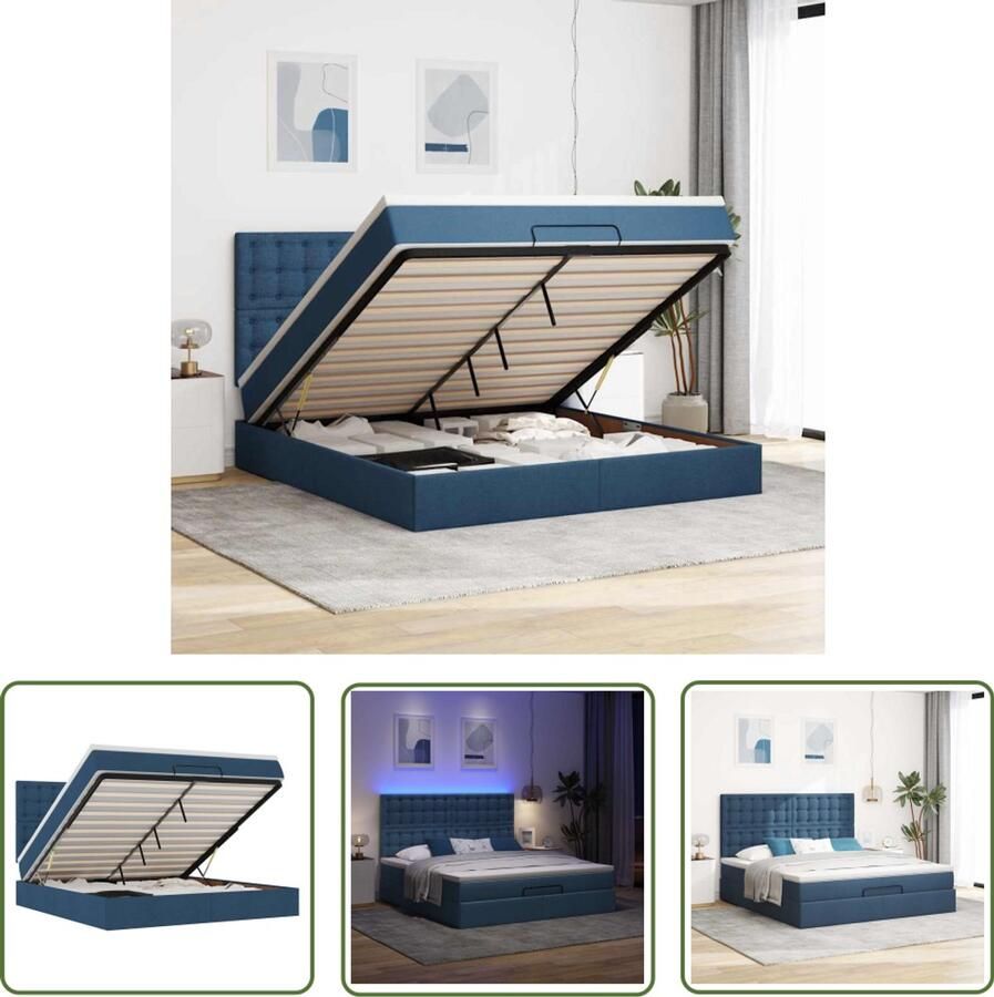VidaXL Ottoman bed met matras en LED's 160x200cm stof blauw Ottoman Bed Boxspring Bed Tweepersoonsbed Led Lampen Opbergruimte Bed