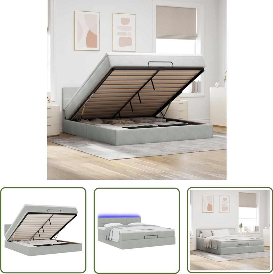 VidaXL Boxspring Bed Ottoman Bed Ottoman bed met matras en LED's 180x200cm fluweel lichtgrijs Tweepersoonsbed Led Lampjes Slaapcomfort