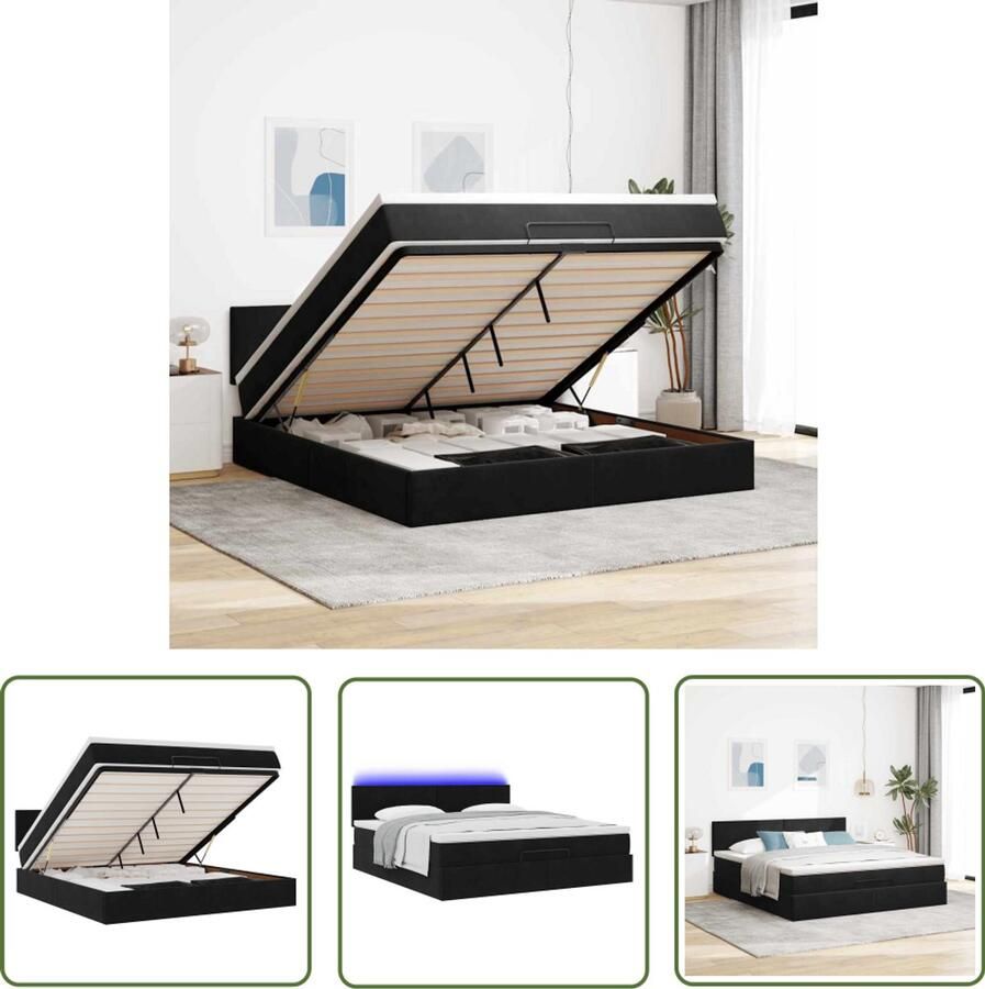 VidaXL Boxspring Bed Ottoman Bed Ottoman bed met matras en LED's 180x200cm fluweel zwart Tweepersoonsbed Slaapcomfort Led Verlichting