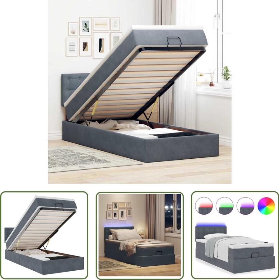 The Living Store Ottoman bed met matras en LED's 80x200cm fluweel donkergrijs Ottoman Bed Boxspring Bed Tweepersoons Bed Stapelbed Kinderbed