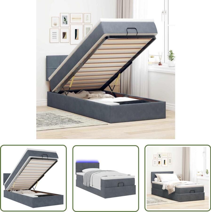 The Living Store Ottoman bed met matras en LED's 90x200cm fluweel donkergrijs Ottoman Bed Boxspring Bed Tweepersoons Bed Velvet Bed Led Bed