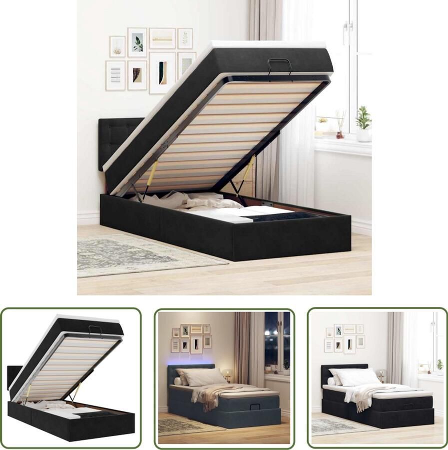 VidaXL Boxspring Bed Ottoman Bed Ottoman bed met matras en LED's 90x200cm fluweel zwart Tweepersoonsbed Led Lamp Slaapcomfort