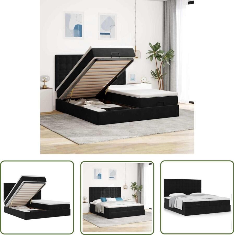 The Living Store Ottoman bed met matrassen 180x200cm fluweel zwart Ottoman Bed Boxspring Bed Tweepersoons Bed Slaapcomfort Luxe Bed
