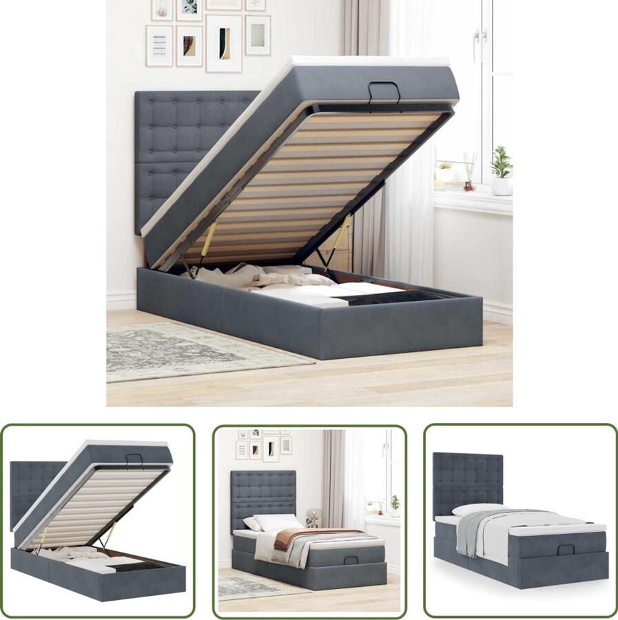 VidaXL Bed Frame Ottoman Bed Ottoman bed met matrassen 100x200cm fluweel donkergrijs Velvet Bed Donkere Kleuren Bed Boxspring Bed