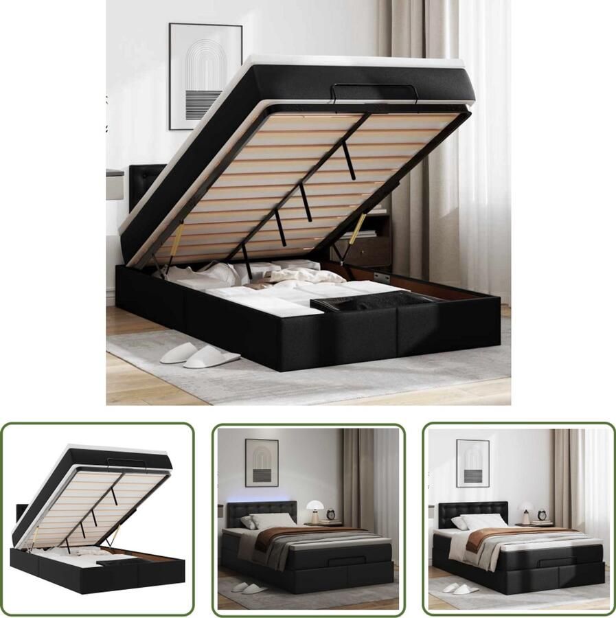 VidaXL Boxspring Bed Ottoman Bed Ottoman bed met matrassen en LED's 120x200cm kunstleer zwart Tweepersoonsbed Led Lamp Opbergbed