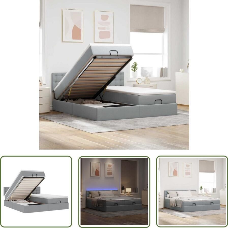 VidaXL Boxspring Bed Ottoman Bed Ottoman bed met matrassen en LED's 180x200cm stof lichtgrijs Slaapbank Led Lamp Opslagruimte
