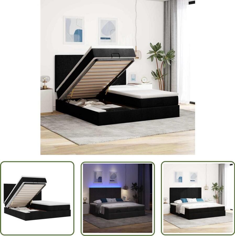 The Living Store Ottoman bed met matrassen en LED's 180x200cm stof zwart Ottoman Bed Boxspring Bed Slaapcomfort Led Verlichting Opbergruimte