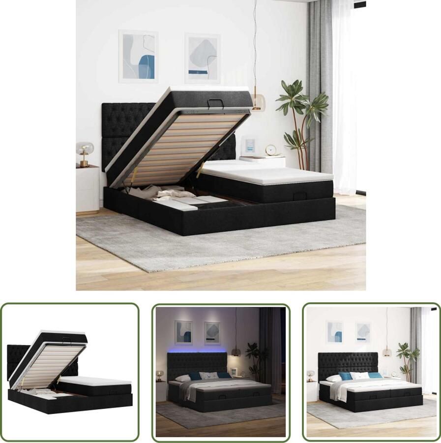 The Living Store Ottoman bed met matrassen en LED's 180x200cm stof zwart Ottoman Bed Boxspring Bed Stapelbed Dubbel Bed Led Lamp