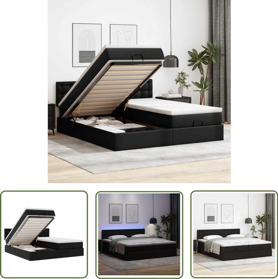 VidaXL Boxspring Bed Ottoman Bed Ottoman bed met matrassen en LED's 200x200cm kunstleer zwart Led Bed Slaapcomfort Opbergbed