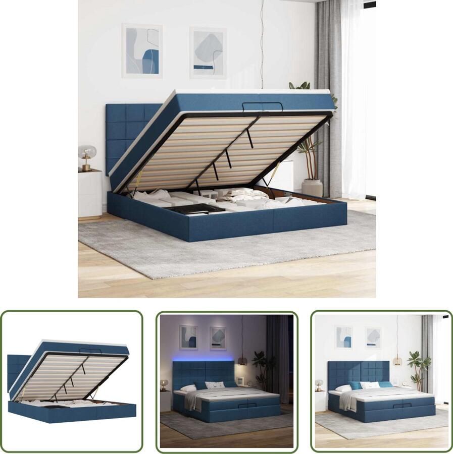 VidaXL Boxspring Bed Ottoman Bed Ottoman bed met matrassen en LED's 200x200cm stof blauw Led Bed Slaapcomfort Opbergbed