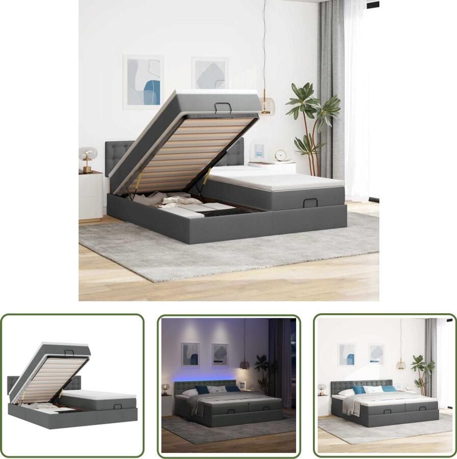 VidaXL Ottoman bed met matrassen en LED's 200x200cm stof donkergrijs Ottoman Bed Boxspring Bed Slaapbank Led Lamp Opbergruimte Bed