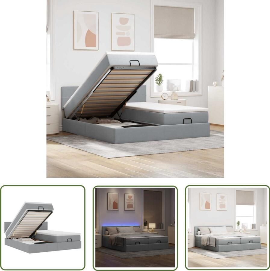 VidaXL Boxspring Bed Ottoman Bed Ottoman bed met matrassen en LED's 200x200cm stof lichtgrijs Led Bed Slaapcomfort Opbergruimte