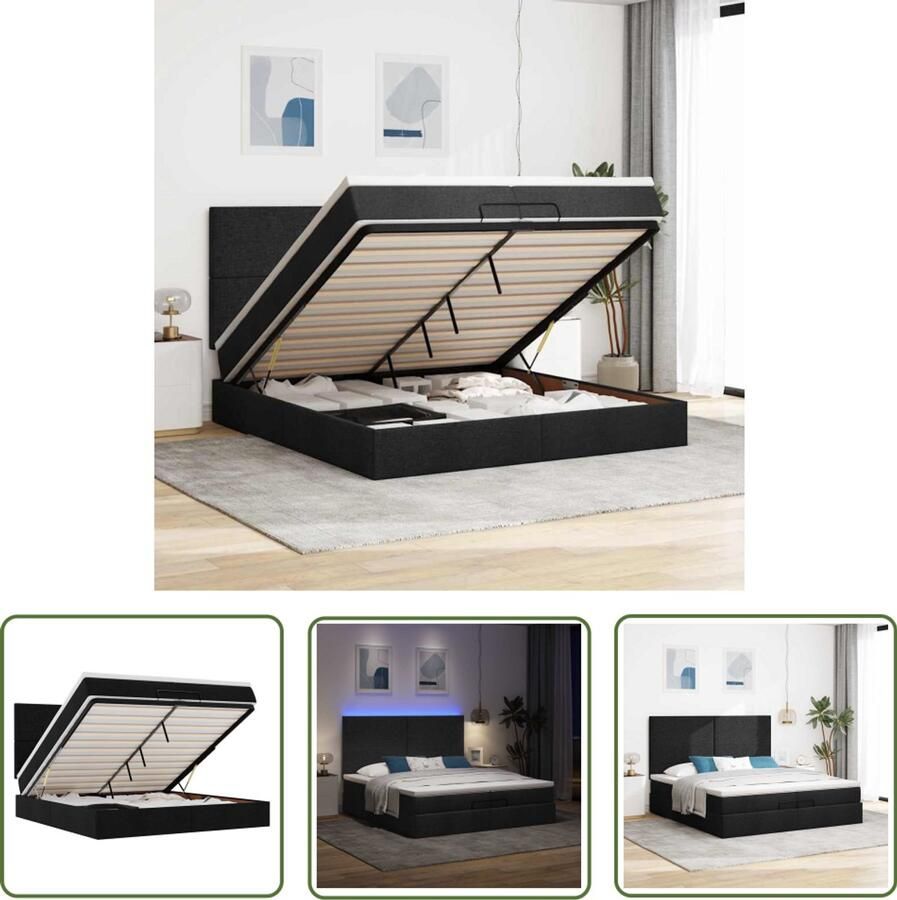 VidaXL Boxspring Bed Ottoman Bed Ottoman bed met matrassen en LED's 200x200cm stof zwart Led Bed Slaapcomfort Opbergbed
