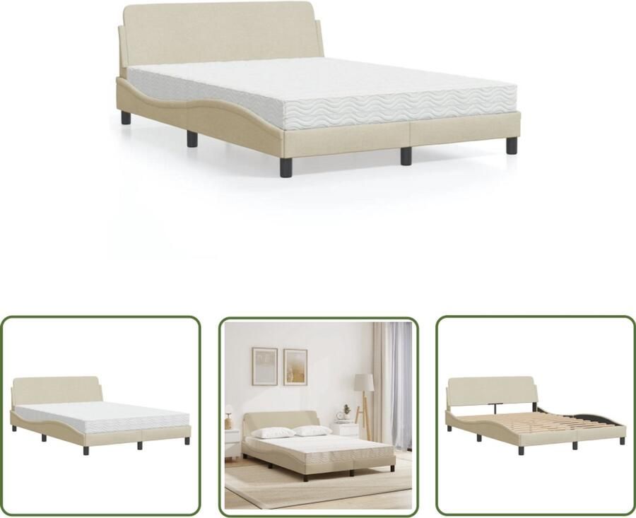 VidaXL Boxspring Bed Slaapcomfort Bed met matras Dover stof crèmekleurig 140x200 cm Tweepersoonsbed Creme Kleurige Bedden Houten Bed Frame