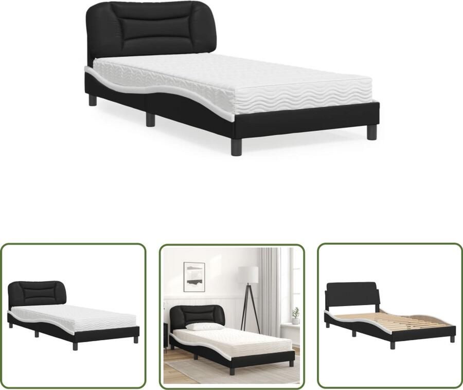 VidaXL Boxspring Bed Slaapcomfort Bed met matras Hvar kunstleer zwart en wit 100x200 cm Tweepersoonsbed King Size Bed Modern Bed