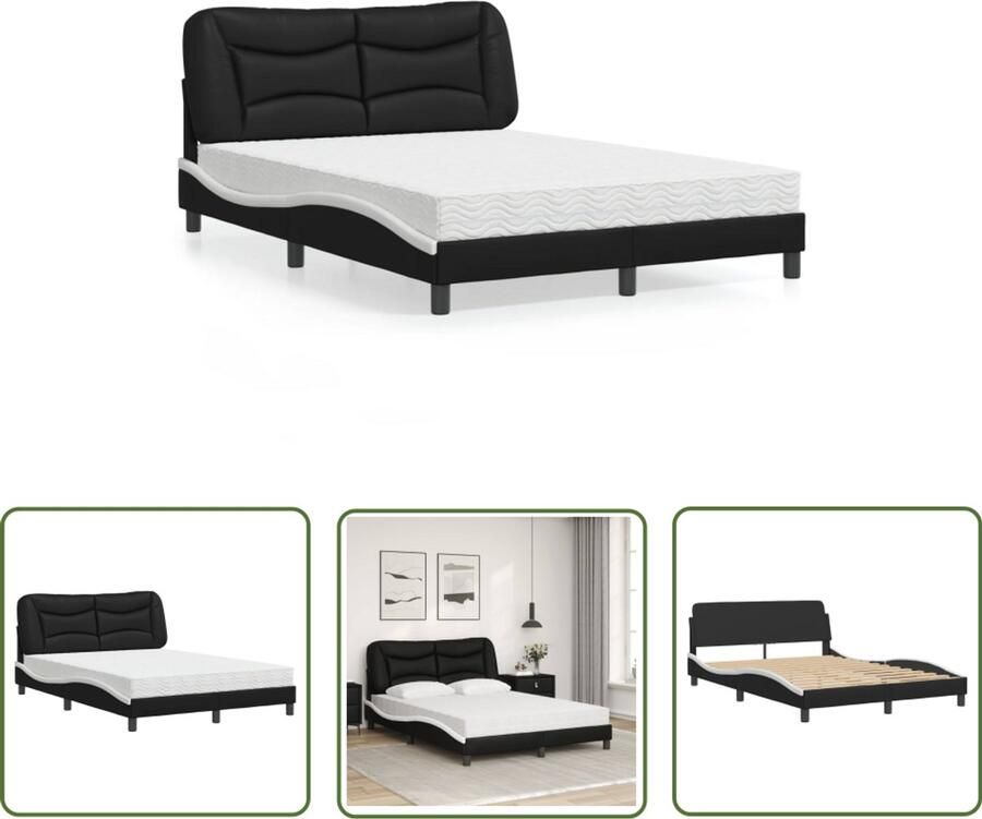 VidaXL Boxspring Bed Slaapcomfort Bed met matras Hvar kunstleer zwart en wit 140x200 cm Tweepersoonsbed King Size Bed Zwarte Bed
