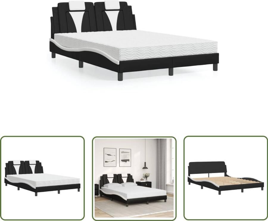 VidaXL Boxspring Bed Slaapcomfort Bed Viana met matras kunstleer zwart en wit 140x200 cm Tweepersoonsbed Modern Bed Zwarte Bed
