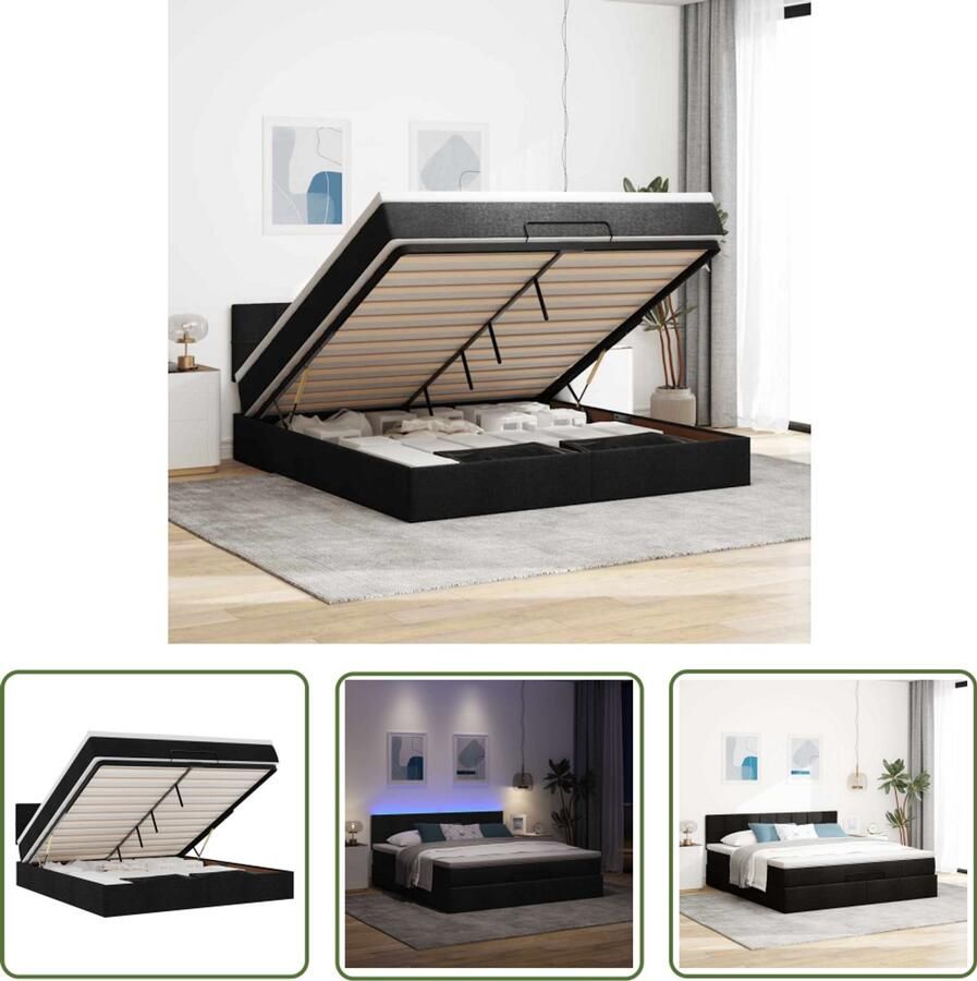 VidaXL Bed poef met matras en LED's 180x200 cm stof zwart Bedpoef Boxspring Slaapbank Tweepersoonsbed Led Lampen
