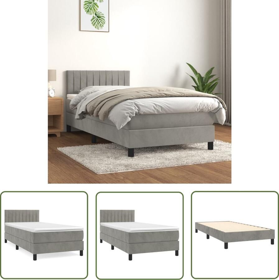 The Living Store Boxspringbed Fluweel 193 x 90 x 78 88 cm Verstelbaar hoofdbord Pocketvering matras Middelharde ondersteuning Huidvriendelijk topmatras Lichtgrijs