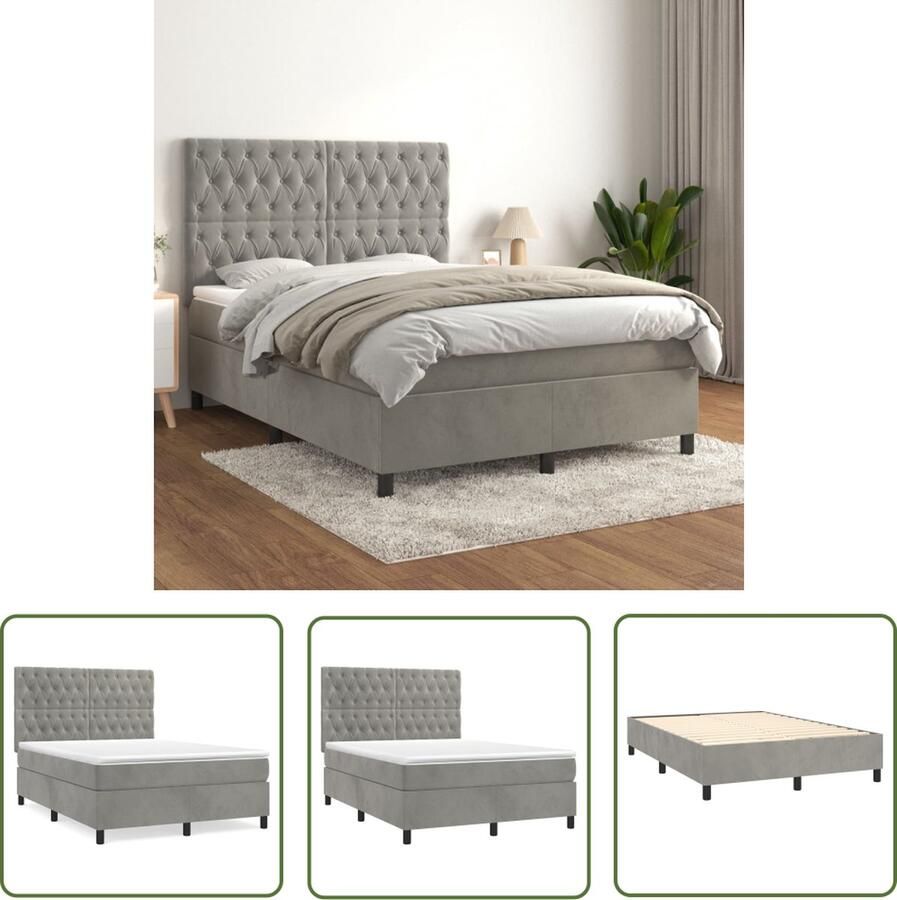 The Living Store Boxspringbed Lund Bed 140x200cm Fluweel Verstelbaar hoofdbord Pocketvering matras Middelharde ondersteuning Huidvriendelijk topmatras Lichtgrijs Boxspringbed Boxspring Tweepersoonsbed Bed 140x200 Fluweel Bed