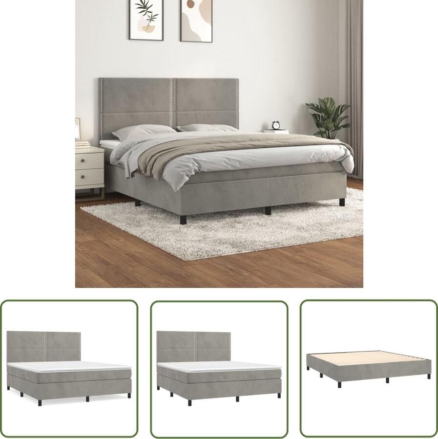 The Living Store Boxspringbed Zacht fluweel Matras 180x200 Comfortabele ondersteuning Pocketvering Middelharde ondersteuning Topmatras Kleur lichtgrijs Levering inclusief montagehandleiding
