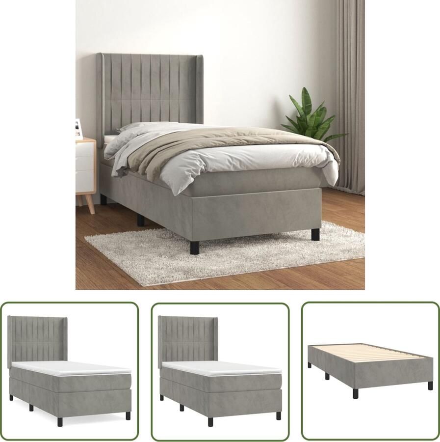 The Living Store Boxspring met matras fluweel lichtgrijs 80x200 cm Boxspringbed Boxspring Fluweel Bed Grijs Bed Tweepersoonsbed