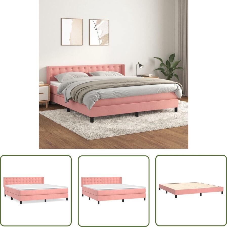 The Living Store Boxspringbed pocketvering matras middelharde ondersteuning roze fluweel verstelbaar hoofdbord huidvriendelijk topmatras 160x200cm Boxspringbed Boxspring Tweepersoonsbed Rooskleurig Bed Velvet Bed
