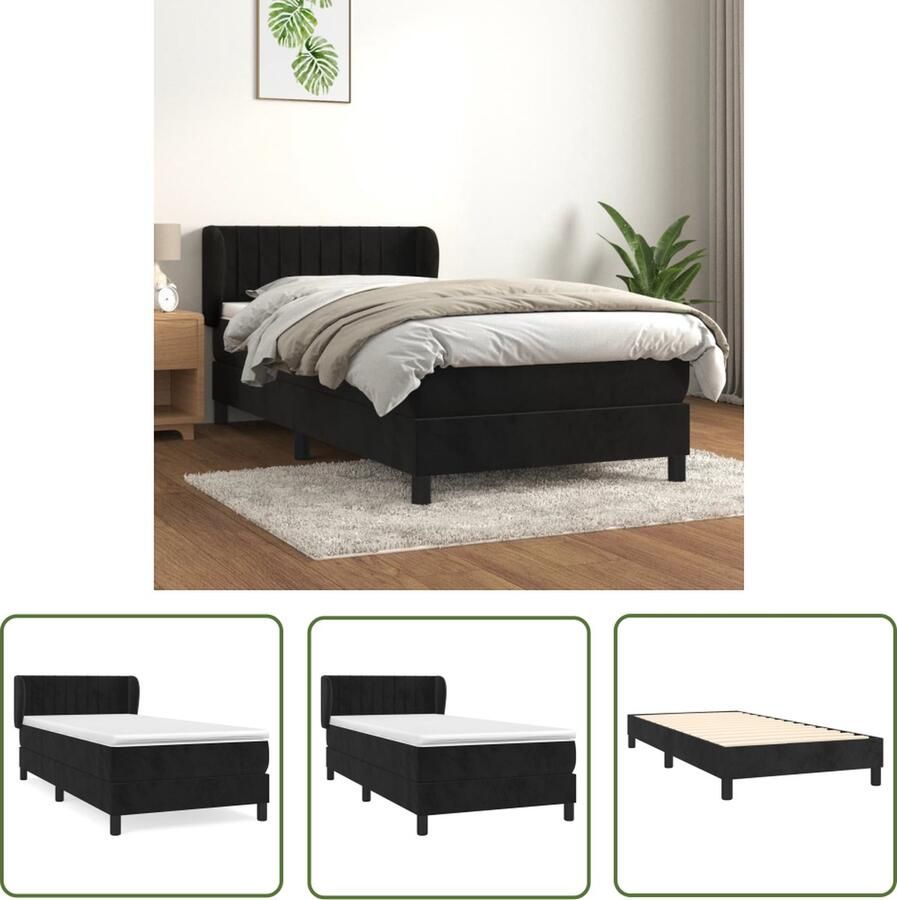 The Living Store Boxspringbed Zwart fluweel Pocketvering matras Middelharde ondersteuning Huidvriendelijk topmatras 203 x 103 x 78 88 cm Boxspringbed Zwarte Boxspring Velvet Bed Tweepersoons Bed Pocketed Spring Mattress